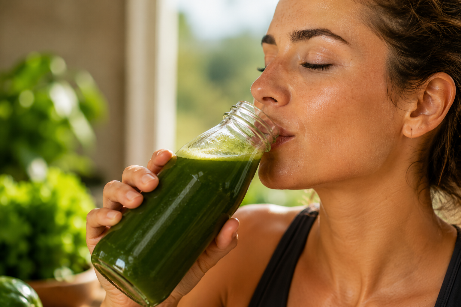 woman drinking juice detox retreat